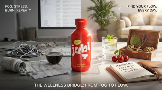 A split-screen wellness advertisement featuring a red bottle of Jubi Kratom supplement in the center, acting as a bridge between a cluttered, dimly lit desk representing stress and an organized, sunlit desk representing focus and clarity.