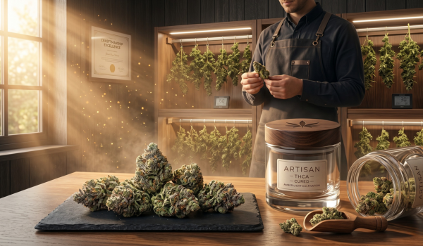 An advertisement for Jubi herbal supplements featuring two product bottles in the foreground next to limes and mushrooms, with a woman walking through a bright, modern wellness and office space while people work, do yoga, and relax in the background.