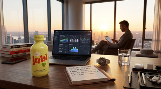 A premium lifestyle scene featuring a Jubi Lion's Mane bottle on a high-end office desk next to a laptop with business charts, a goal notebook, a luxury watch, and a glass of water, with an executive looking out a penthouse window at sunrise.